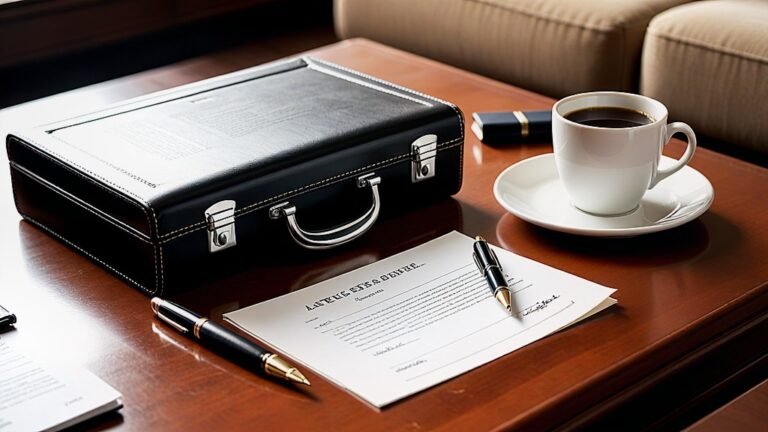 תיק עורך דין, עט והסכם שכר חתום על שולחן קפה