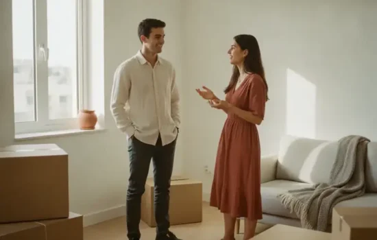 שני שותפים צעירים עומדים בדירה ריקה לצד ארגזי מעבר