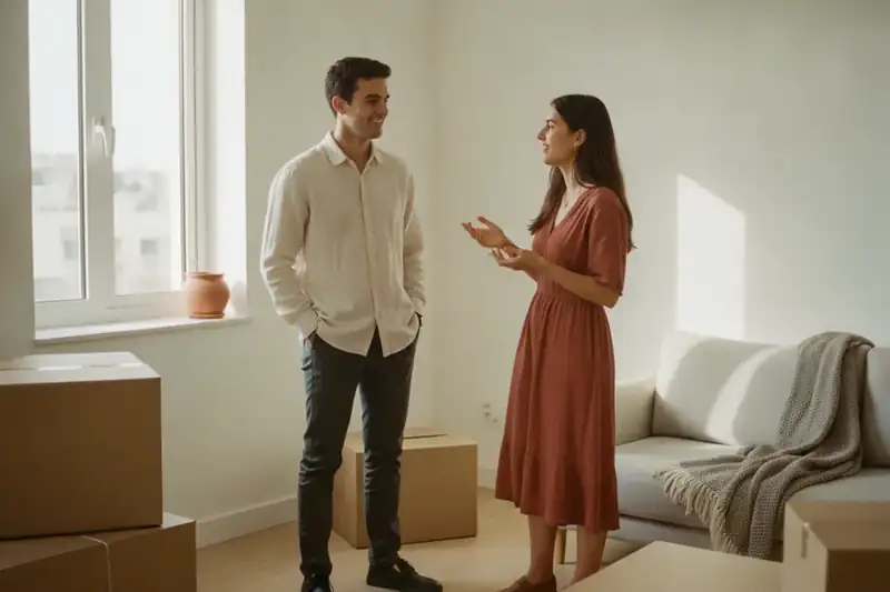 שני שותפים צעירים עומדים בדירה ריקה לצד ארגזי מעבר
