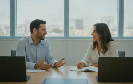 שני עמיתים משוחחים סביב שולחן במשרד מואר עם נוף עירוני, בהקשר של אשרת מומחה זר לחברה ישראלית