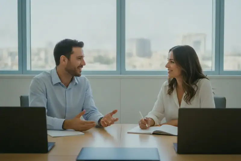 שני עמיתים משוחחים סביב שולחן במשרד מואר עם נוף עירוני, בהקשר של אשרת מומחה זר לחברה ישראלית
