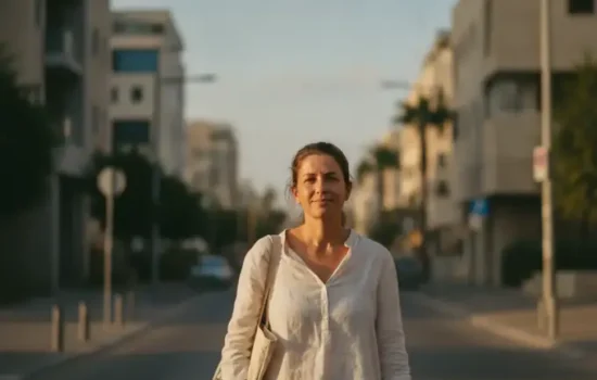 אישה עומדת ברחוב עירוני בישראל בשעת זהב ומביטה קדימה, בהקשר של מעמד אלמנה זרה בישראל