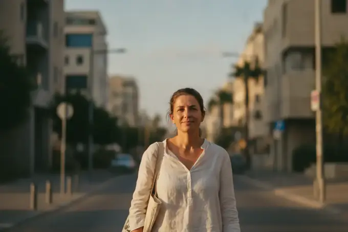 אישה עומדת ברחוב עירוני בישראל בשעת זהב ומביטה קדימה, בהקשר של מעמד אלמנה זרה בישראל