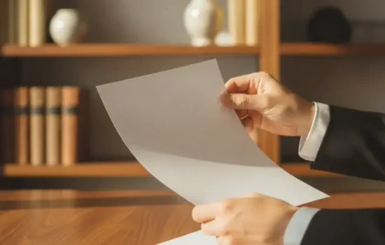 ידיים של עורך דין בוחנות דף ריק על שולחן עץ במשרד, בדיקת צוואה שעולה לגביה חשד לזיוף