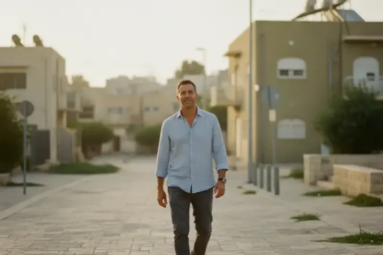 גבר הולך ברחוב עירוני בשעת בוקר בדרכו לשיקום אחרי הידרדרות תפקודית שנלוותה לפגיעה נפשית מוכרת