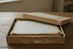ארגז מסמכים ישן פתוח עם ניירות ריקים