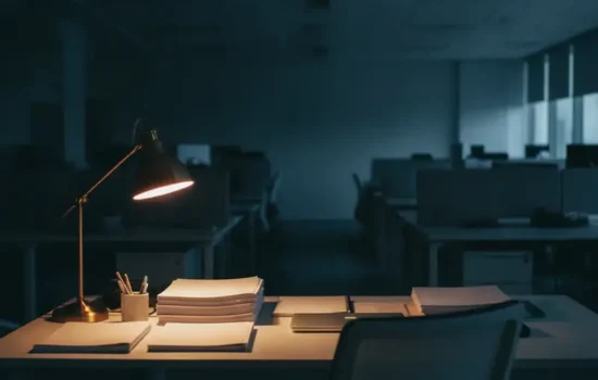 שולחן עבודה עם מנורה דולקת וכיסא ריק במשרד פתוח בערב