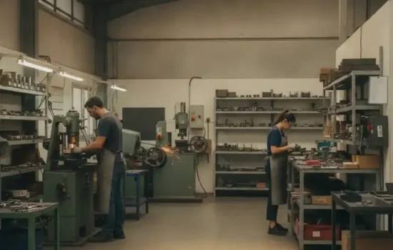 רצפת ייצור פעילה עם עובדים בעמדותיהם ומכונות פועלות