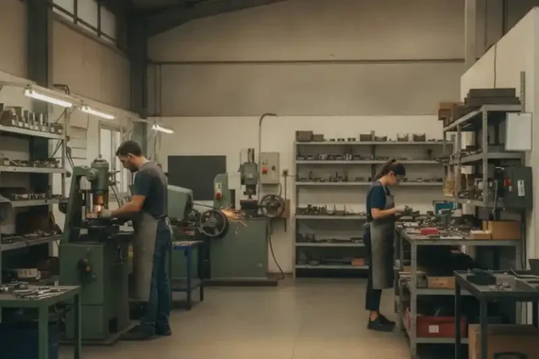 רצפת ייצור פעילה עם עובדים בעמדותיהם ומכונות פועלות