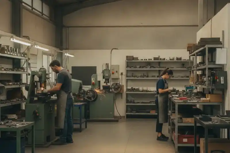 רצפת ייצור פעילה עם עובדים בעמדותיהם ומכונות פועלות