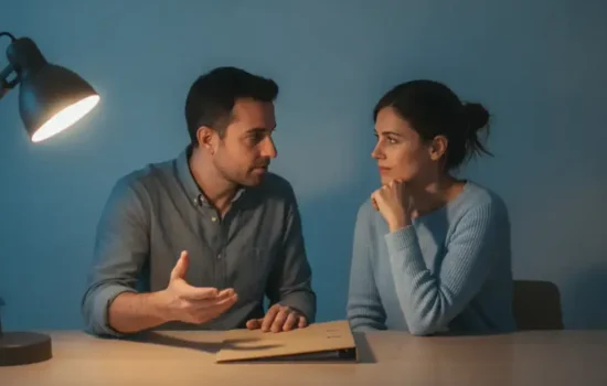 בני זוג יושבים בערב ליד שולחן עבודה ביתי ומשוחחים על בקשת עלייה לפי חוק השבות
