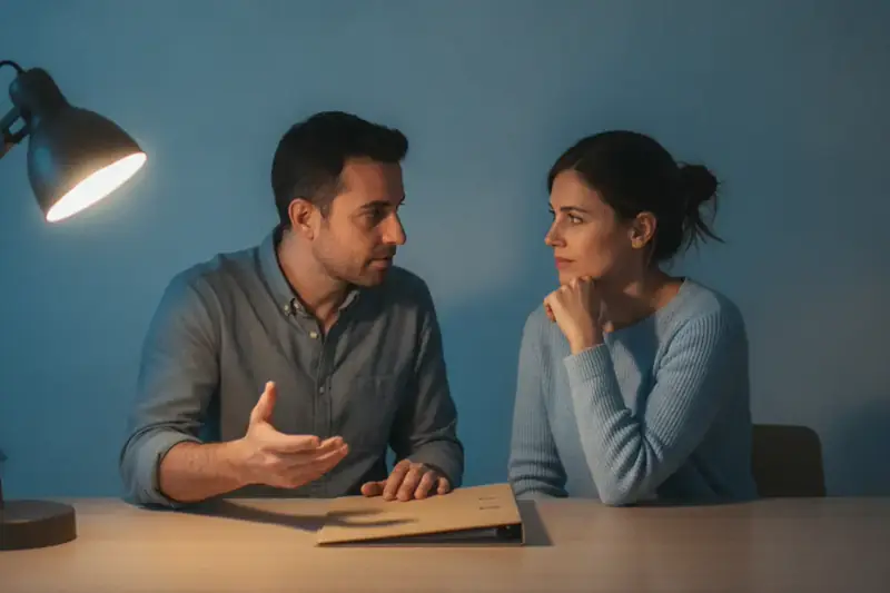 בני זוג יושבים בערב ליד שולחן עבודה ביתי ומשוחחים על בקשת עלייה לפי חוק השבות