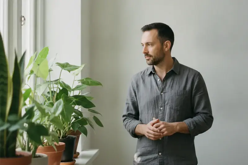 גבר עומד ליד עציצים ירוקים על אדן חלון בדירה מוארת, בהקשר של גידול קנאביס ביתי ועבירה פלילית
