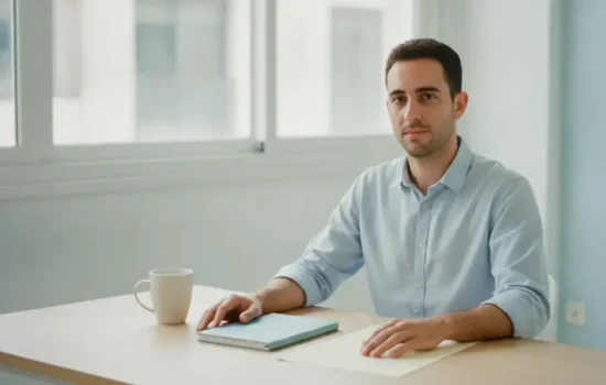 עובד יושב ליד שולחן עבודה מסודר בבית לצד חלון גדול, בהקשר של החזר הוצאות בעבודה היברידית