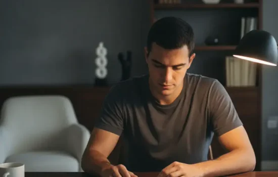 גבר צעיר יושב בשעת ערב מול שולחן עבודה מואר במנורה אחת ומביט בטלפון המונח הפוך, המחשה להימורים אסורים באינטרנט