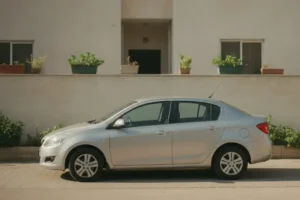 מכונית חונה בחניה של בית מגורים בשעת בוקר