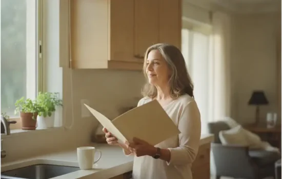 אישה עומדת ליד חלון מטבח מואר ומחזיקה תיקייה סגורה, בהקשר של משך הזמן מצו ירושה עד קבלת הכספים