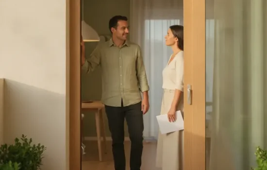 גבר ואישה משוחחים בפתח דלת דירה באור אחר צהריים