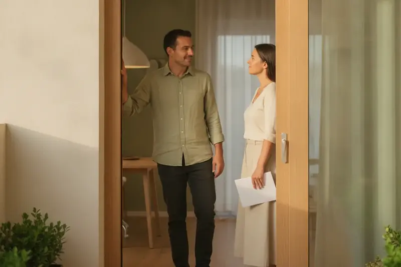 גבר ואישה משוחחים בפתח דלת דירה באור אחר צהריים
