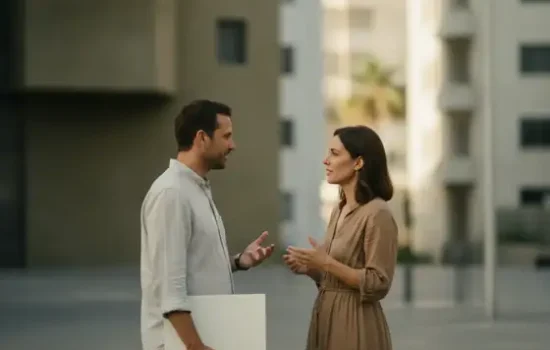 שתי דמויות עומדות ומשוחחות ברחוב עירוני בשעת זהב, בהקשר של בחירת מסלול תביעה לאחר פגיעה בדרך לבסיס