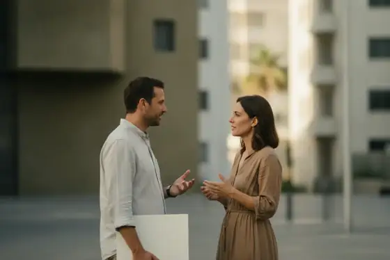 שתי דמויות עומדות ומשוחחות ברחוב עירוני בשעת זהב, בהקשר של בחירת מסלול תביעה לאחר פגיעה בדרך לבסיס