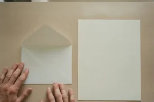 מעטפה פתוחה ודף ריק על שולחן מטבח בהיר