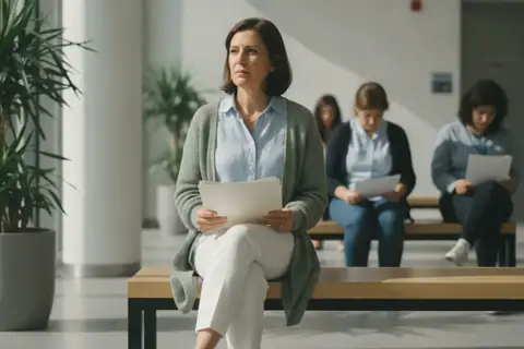 אישה יושבת עם מסמכים באזור המתנה מואר של מוסד ציבורי, לקראת דיון חוזר בוועדה רפואית