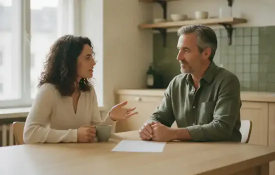 משכיר ושוכרת יושבים משני צדי שולחן מטבח בהיר עם דף ריק ביניהם ומנהלים שיחה עניינית על הארכת שכירות
