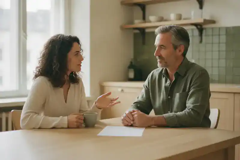 משכיר ושוכרת יושבים משני צדי שולחן מטבח בהיר עם דף ריק ביניהם ומנהלים שיחה עניינית על הארכת שכירות