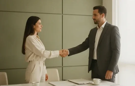 עורך דין ולקוח לוחצים ידיים בסיום פגישה במשרד מואר
