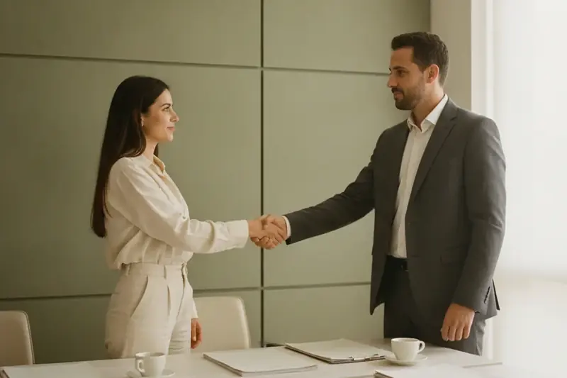 עורך דין ולקוח לוחצים ידיים בסיום פגישה במשרד מואר