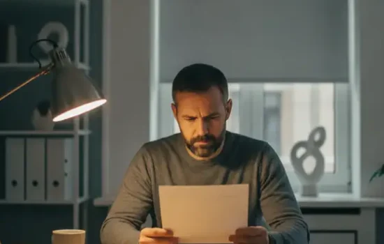אדם יושב לשולחן עבודה ביתי בערב ובוחן דף ריק לאור מנורה