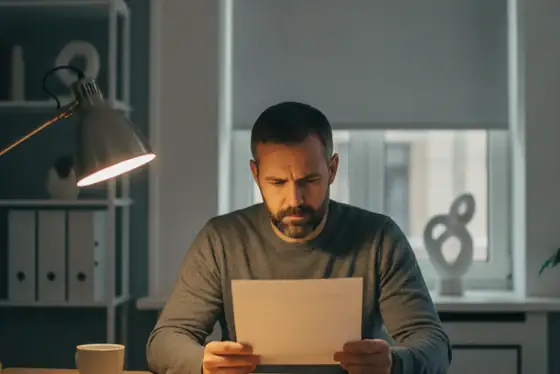 אדם יושב לשולחן עבודה ביתי בערב ובוחן דף ריק לאור מנורה