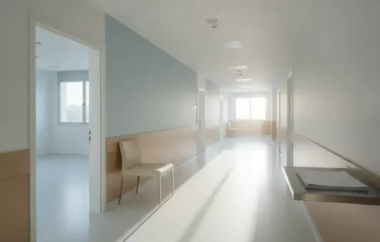 מסדרון מוסד רפואי בהיר וריק עם כיסא בודד ותיקייה על דלפק, בהקשר של בקשת רשומה רפואית