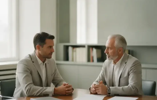 שני אנשים יושבים משני צדי שולחן במשרד מואר בשיחה עניינית על צו התשלומים החודשי בחדלות פירעון