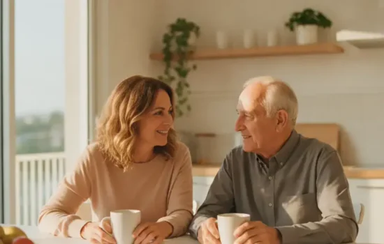 בת בוגרת ואביה המבוגר יושבים לשולחן מטבח מואר ומשוחחים, בהקשר של מינוי מיופי כוח בייפוי כוח מתמשך