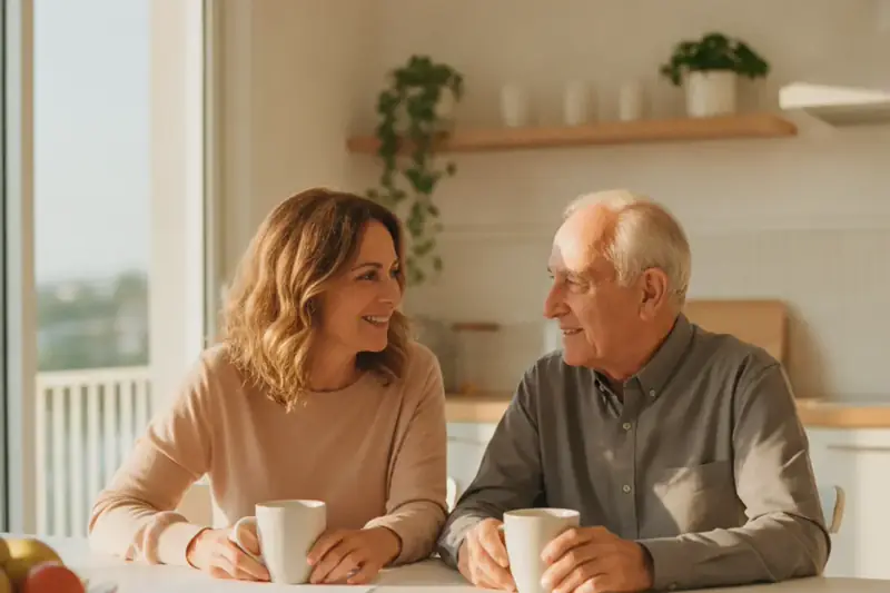 בת בוגרת ואביה המבוגר יושבים לשולחן מטבח מואר ומשוחחים, בהקשר של מינוי מיופי כוח בייפוי כוח מתמשך