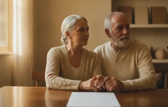 בני זוג מבוגרים יושבים יחד מול דף ריק בשולחן ביתי