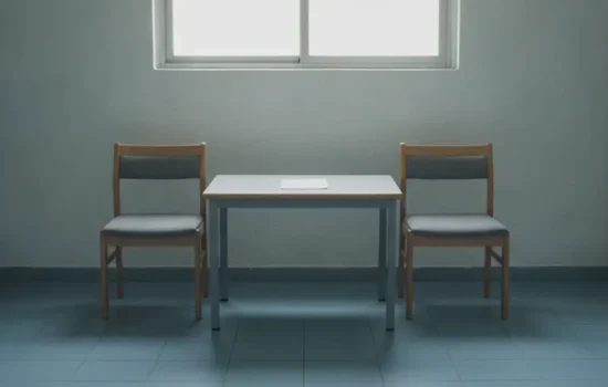 חדר ריאיון מוסדי ריק עם שני כיסאות משני צדי שולחן