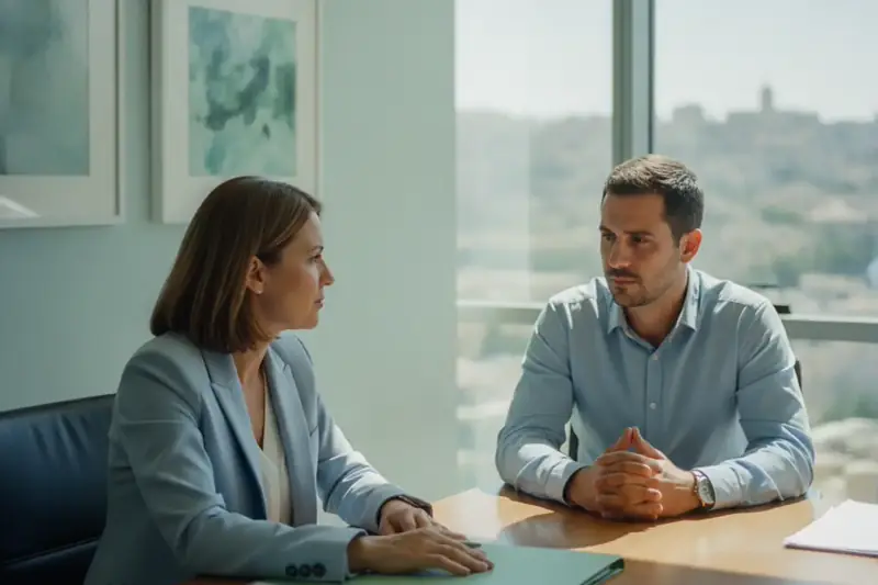 עורכת דין ולקוח יושבים משני צדי שולחן במשרד מואר ומשוחחים על תביעת שיבוב של המוסד לביטוח לאומי