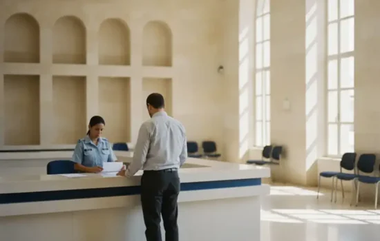 גבר עומד מול דלפק שירות באולם ציבורי מואר