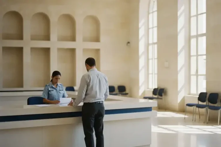 גבר עומד מול דלפק שירות באולם ציבורי מואר
