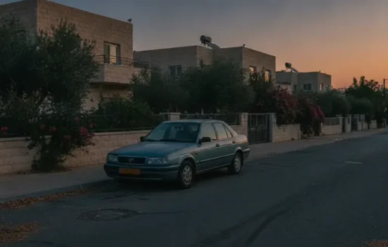 מכונית חונה בצד הדרך בשעת בין ערביים