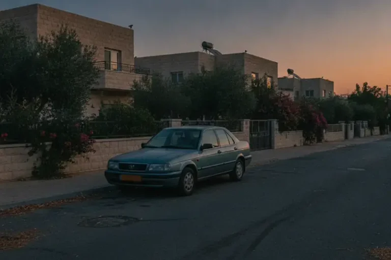 מכונית חונה בצד הדרך בשעת בין ערביים