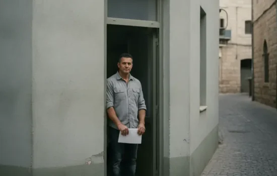 בעל עסק עומד בפתח חנות קטנה בבוקר ומחזיק דף ריק, ממשיך להפעיל את העסק בתוך הליך חדלות פירעון