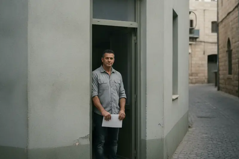 בעל עסק עומד בפתח חנות קטנה בבוקר ומחזיק דף ריק, ממשיך להפעיל את העסק בתוך הליך חדלות פירעון