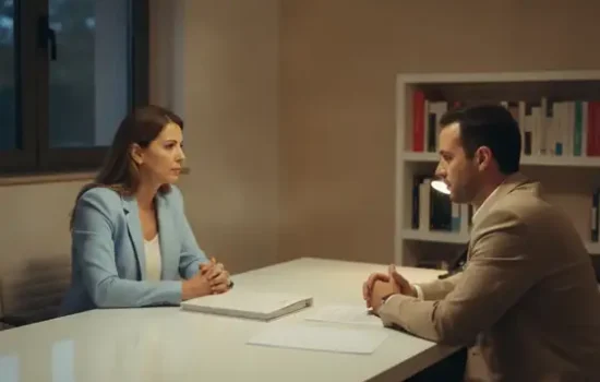 עורך דין ולקוח יושבים משני עברי שולחן במשרד בערב ומשוחחים
