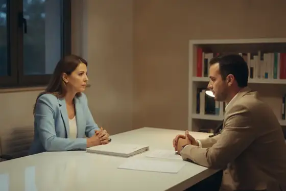 עורך דין ולקוח יושבים משני עברי שולחן במשרד בערב ומשוחחים