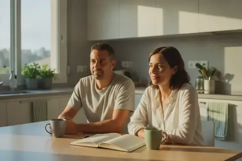 זוג יושב לשולחן מטבח מואר עם מחברת פתוחה ושני ספלים, בהקשר של נכסים מוגנים בחדלות פירעון