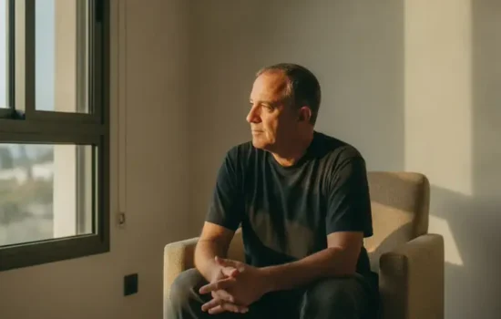 גבר בשנות החמישים יושב בכורסה ליד חלון באור אחר צהריים, בהמתנה להכרה בפגיעה נפשית מהשירות